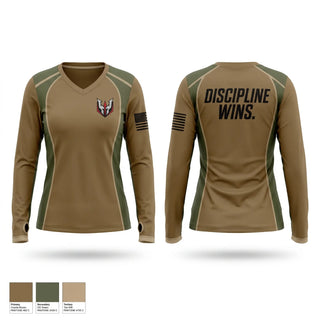 Womens Long Sleeve Vneck Shirt, C-Co 2/7 Cav, Army, Teamtime, Team time, sublimation, custom sports apparel, team uniforms, spirit wear, spiritwear, sports uniforms, custom shirts, team store, custom team store, fundraiser sports, apparel fundraiser