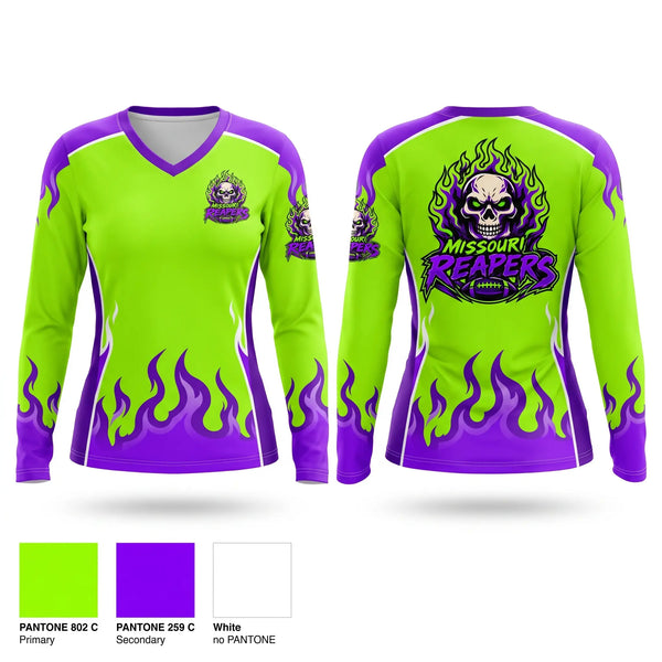 Womens Long Sleeve Vneck Shirt, Missouri Reapers, , Teamtime, Team time, sublimation, custom sports apparel, team uniforms, spirit wear, spiritwear, sports uniforms, custom shirts, team store, custom team store, fundraiser sports, apparel fundraiser