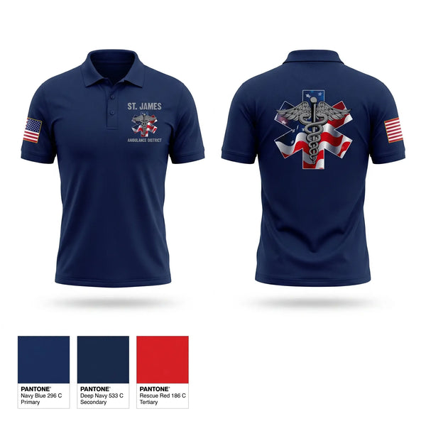 Short Sleeve Performance Polo, St. James Ambulance District, EMS/EMT, Teamtime, Team time, sublimation, custom sports apparel, team uniforms, spirit wear, spiritwear, sports uniforms, custom shirts, team store, custom team store, fundraiser sports, apparel fundraiser
