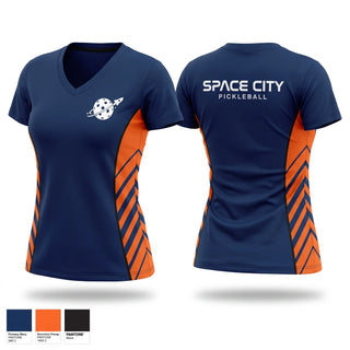 Womens Short Sleeve Vneck Shirt, Space City Pickleball, , Teamtime, Team time, sublimation, custom sports apparel, team uniforms, spirit wear, spiritwear, sports uniforms, custom shirts, team store, custom team store, fundraiser sports, apparel fundraiser