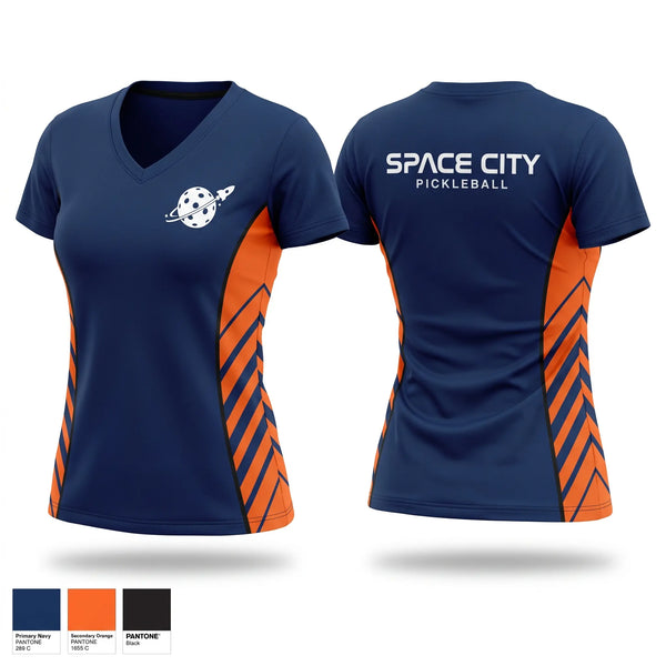 Womens Short Sleeve Vneck Shirt, Space City Pickleball, , Teamtime, Team time, sublimation, custom sports apparel, team uniforms, spirit wear, spiritwear, sports uniforms, custom shirts, team store, custom team store, fundraiser sports, apparel fundraiser