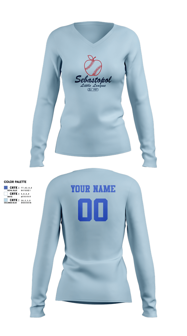 Womens Long Sleeve Vneck Shirt, Sebastopol Little League, Baseball, Teamtime, Team time, sublimation, custom sports apparel, team uniforms, spirit wear, spiritwear, sports uniforms, custom shirts, team store, custom team store, fundraiser sports, apparel fundraiser
