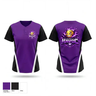 Two Button Softball Jersey, Purple Havoc, Softball, Teamtime, Team time, sublimation, custom sports apparel, team uniforms, spirit wear, spiritwear, sports uniforms, custom shirts, team store, custom team store, fundraiser sports, apparel fundraiser