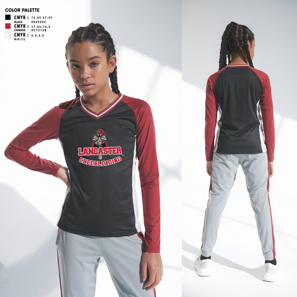 Womens Long Sleeve Vneck Shirt, Lancaster Cheerleading, Cheer, Teamtime, Team time, sublimation, custom sports apparel, team uniforms, spirit wear, spiritwear, sports uniforms, custom shirts, team store, custom team store, fundraiser sports, apparel fundraiser