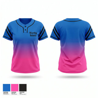 Two Button Softball Jersey, Worthy Rebels, Softball, Teamtime, Team time, sublimation, custom sports apparel, team uniforms, spirit wear, spiritwear, sports uniforms, custom shirts, team store, custom team store, fundraiser sports, apparel fundraiser