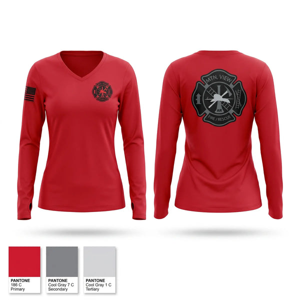 Womens Long Sleeve Vneck Shirt, Mountain View Fire Department, Fire Department, Teamtime, Team time, sublimation, custom sports apparel, team uniforms, spirit wear, spiritwear, sports uniforms, custom shirts, team store, custom team store, fundraiser sports, apparel fundraiser