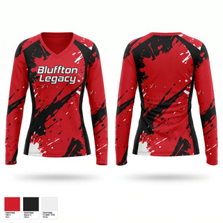 Womens Long Sleeve Vneck Shirt, Bluffton Legacy, Men's Soccer, Teamtime, Team time, sublimation, custom sports apparel, team uniforms, spirit wear, spiritwear, sports uniforms, custom shirts, team store, custom team store, fundraiser sports, apparel fundraiser