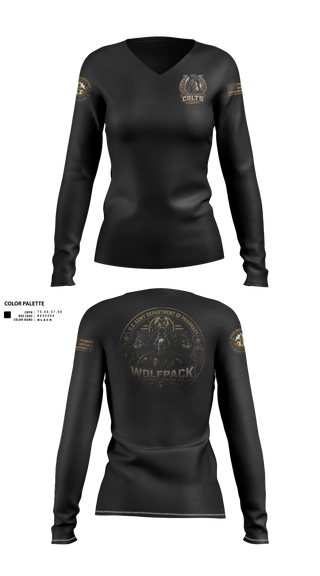 Womens Long Sleeve Vneck Shirt, Madigan pharmacy colts, Army, Teamtime, Team time, sublimation, custom sports apparel, team uniforms, spirit wear, spiritwear, sports uniforms, custom shirts, team store, custom team store, fundraiser sports, apparel fundraiser