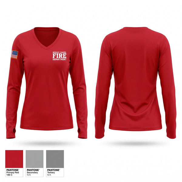 Womens Long Sleeve Vneck Shirt, Wesley chapel fire department, Fire Department, Teamtime, Team time, sublimation, custom sports apparel, team uniforms, spirit wear, spiritwear, sports uniforms, custom shirts, team store, custom team store, fundraiser sports, apparel fundraiser