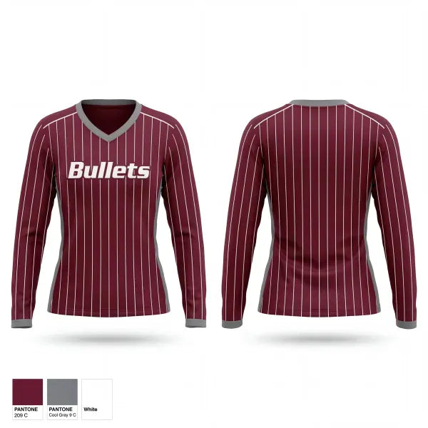 Womens Long Sleeve Vneck Shirt, Bullets, Baseball, Teamtime, Team time, sublimation, custom sports apparel, team uniforms, spirit wear, spiritwear, sports uniforms, custom shirts, team store, custom team store, fundraiser sports, apparel fundraiser