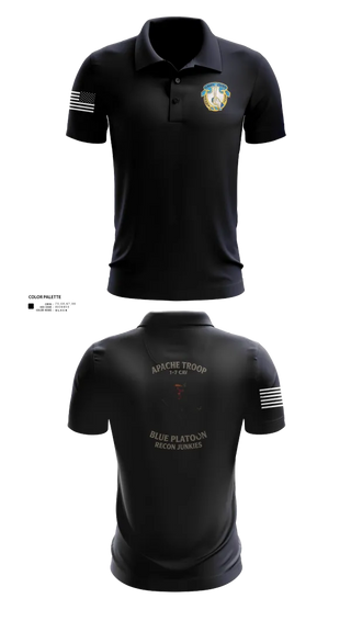 Short Sleeve Performance Polo, 1-7 Cavlary Division Apache Troop Blue Platoon Recon Junkies, Army, Teamtime, Team time, sublimation, custom sports apparel, team uniforms, spirit wear, spiritwear, sports uniforms, custom shirts, team store, custom team store, fundraiser sports, apparel fundraiser