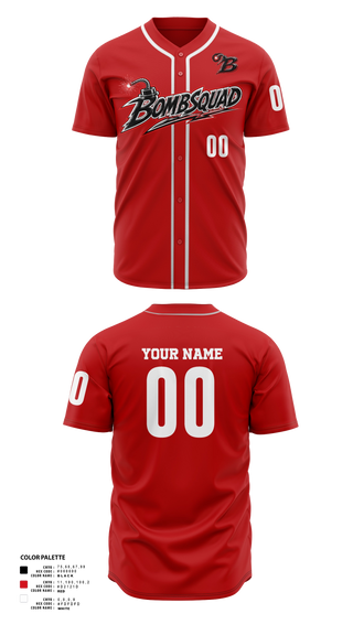Full Button Baseball Jersey, Bombsquad 11u, Baseball, Teamtime, Team time, sublimation, custom sports apparel, team uniforms, spirit wear, spiritwear, sports uniforms, custom shirts, team store, custom team store, fundraiser sports, apparel fundraiser