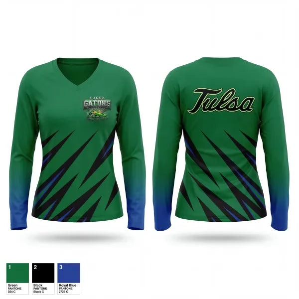 Womens Long Sleeve Vneck Shirt, Tulsa Gators, , Teamtime, Team time, sublimation, custom sports apparel, team uniforms, spirit wear, spiritwear, sports uniforms, custom shirts, team store, custom team store, fundraiser sports, apparel fundraiser