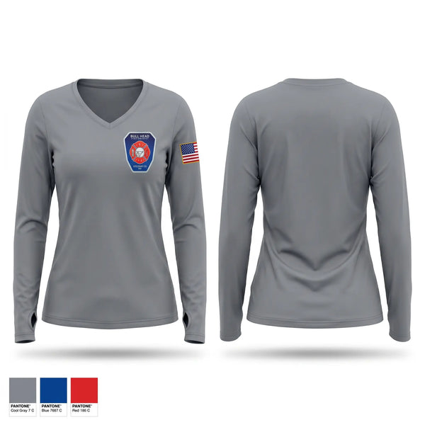 Womens Long Sleeve Vneck Shirt, Bull Head, Fire Department, Teamtime, Team time, sublimation, custom sports apparel, team uniforms, spirit wear, spiritwear, sports uniforms, custom shirts, team store, custom team store, fundraiser sports, apparel fundraiser