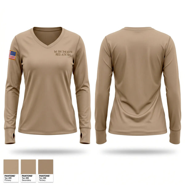 Womens Long Sleeve Vneck Shirt, 1st BN, 3rd AVN REG ATK BN, Army, Teamtime, Team time, sublimation, custom sports apparel, team uniforms, spirit wear, spiritwear, sports uniforms, custom shirts, team store, custom team store, fundraiser sports, apparel fundraiser