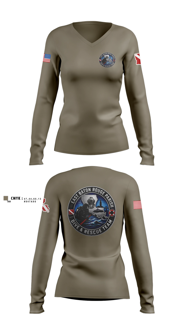 Womens Long Sleeve Vneck Shirt, East Baton Rouge Parish Dive & Rescue Team, Fire Department, Teamtime, Team time, sublimation, custom sports apparel, team uniforms, spirit wear, spiritwear, sports uniforms, custom shirts, team store, custom team store, fundraiser sports, apparel fundraiser