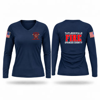Womens Long Sleeve Vneck Shirt, Taylorsville-Spencer County Fire District, Fire Department, Teamtime, Team time, sublimation, custom sports apparel, team uniforms, spirit wear, spiritwear, sports uniforms, custom shirts, team store, custom team store, fundraiser sports, apparel fundraiser