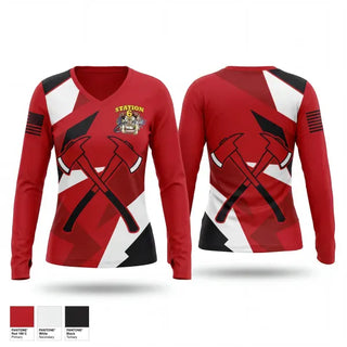 Womens Long Sleeve Vneck Shirt, Atkins Volunteer Fire Department, Fire Department, Teamtime, Team time, sublimation, custom sports apparel, team uniforms, spirit wear, spiritwear, sports uniforms, custom shirts, team store, custom team store, fundraiser sports, apparel fundraiser