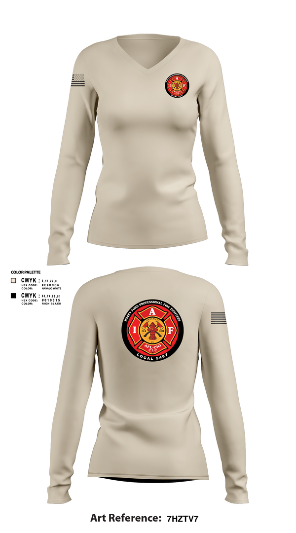 Women's Long Sleeve Vneck Shirt, Rocky Ford Professional Firefighters Local 5497, Fire Department, Teamtime, Team time, sublimation, custom sports apparel, team uniforms, spirit wear, spiritwear, sports uniforms, custom shirts, team store, custom team store, fundraiser sports, apparel fundraiser