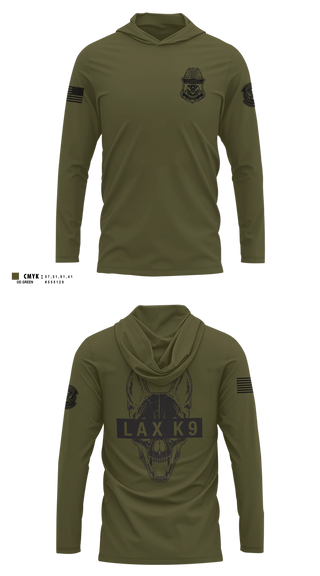 Long Sleeve hooded sunshirt, LAX Canine Enforcement Officer, Police, Teamtime, Team time, sublimation, custom sports apparel, team uniforms, spirit wear, spiritwear, sports uniforms, custom shirts, team store, custom team store, fundraiser sports, apparel fundraiser