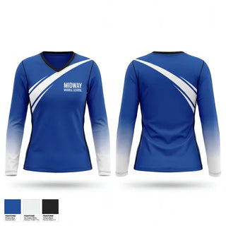 Womens Long Sleeve Vneck Shirt, Midway Middle School, Cheer, Teamtime, Team time, sublimation, custom sports apparel, team uniforms, spirit wear, spiritwear, sports uniforms, custom shirts, team store, custom team store, fundraiser sports, apparel fundraiser