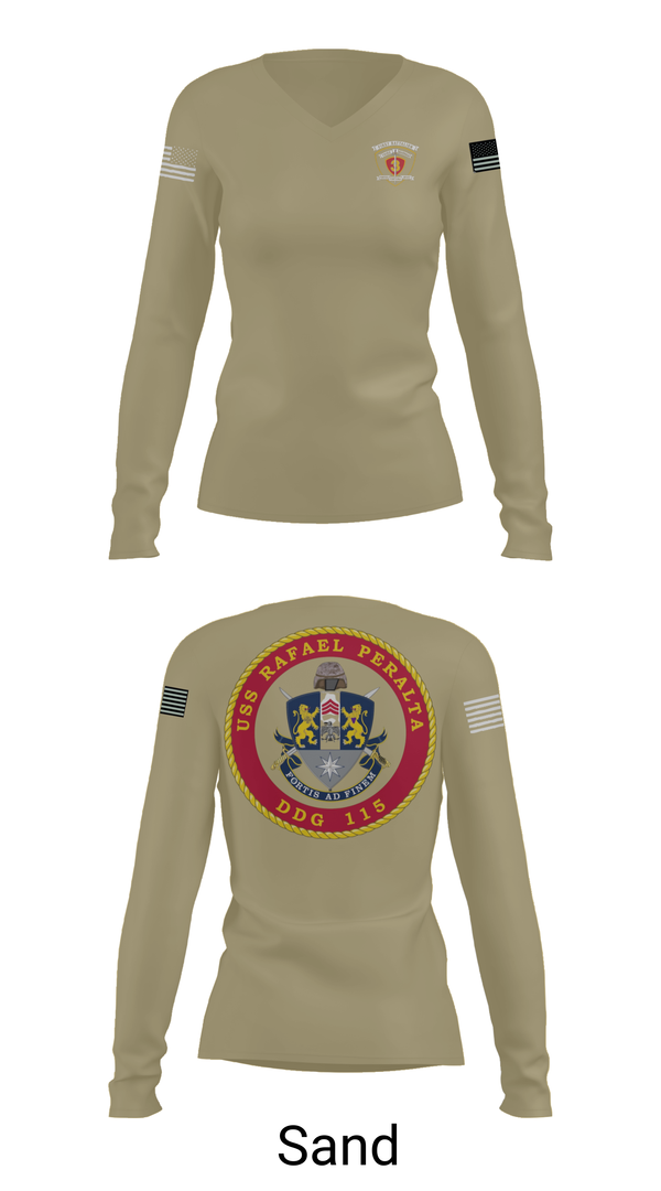 Womens Long Sleeve Vneck Shirt, USS Rafael Peralta DDG 115, Navy, Teamtime, Team time, sublimation, custom sports apparel, team uniforms, spirit wear, spiritwear, sports uniforms, custom shirts, team store, custom team store, fundraiser sports, apparel fundraiser