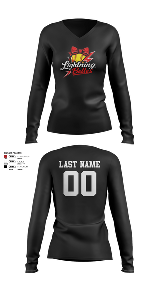 Womens Long Sleeve Vneck Shirt, Bluegrass Lightning Belles, Softball, Teamtime, Team time, sublimation, custom sports apparel, team uniforms, spirit wear, spiritwear, sports uniforms, custom shirts, team store, custom team store, fundraiser sports, apparel fundraiser