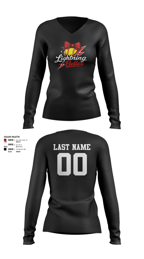 Womens Long Sleeve Vneck Shirt, Bluegrass Lightning Belles, Softball, Teamtime, Team time, sublimation, custom sports apparel, team uniforms, spirit wear, spiritwear, sports uniforms, custom shirts, team store, custom team store, fundraiser sports, apparel fundraiser