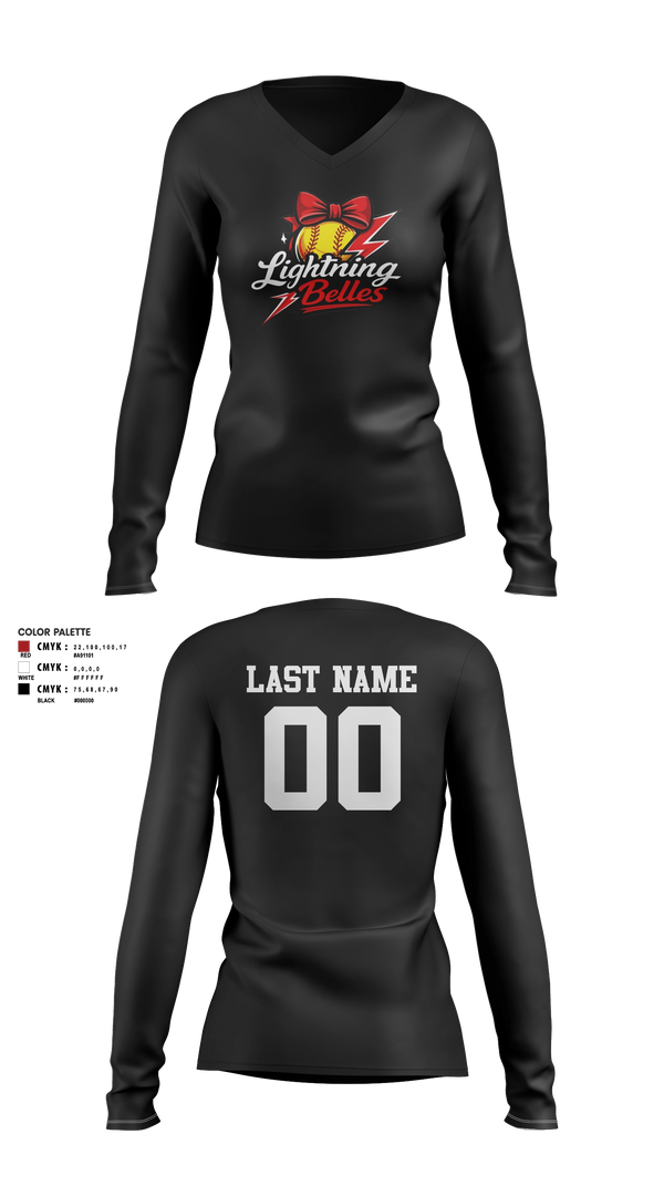Womens Long Sleeve Vneck Shirt, Bluegrass Lightning Belles, Softball, Teamtime, Team time, sublimation, custom sports apparel, team uniforms, spirit wear, spiritwear, sports uniforms, custom shirts, team store, custom team store, fundraiser sports, apparel fundraiser