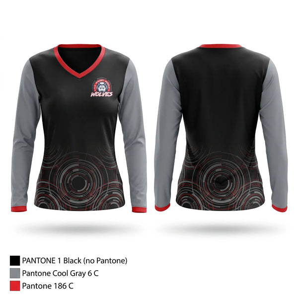 Womens Long Sleeve Vneck Shirt, E.L. Wright Middle School Football, , Teamtime, Team time, sublimation, custom sports apparel, team uniforms, spirit wear, spiritwear, sports uniforms, custom shirts, team store, custom team store, fundraiser sports, apparel fundraiser