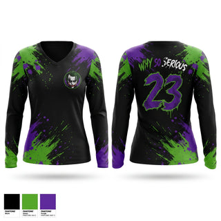 Womens Long Sleeve Vneck Shirt, Why So Serious, Softball, Teamtime, Team time, sublimation, custom sports apparel, team uniforms, spirit wear, spiritwear, sports uniforms, custom shirts, team store, custom team store, fundraiser sports, apparel fundraiser