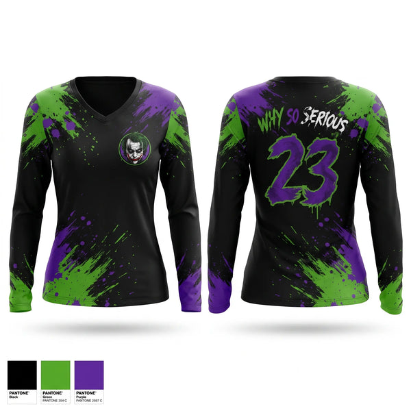Womens Long Sleeve Vneck Shirt, Why So Serious, Softball, Teamtime, Team time, sublimation, custom sports apparel, team uniforms, spirit wear, spiritwear, sports uniforms, custom shirts, team store, custom team store, fundraiser sports, apparel fundraiser