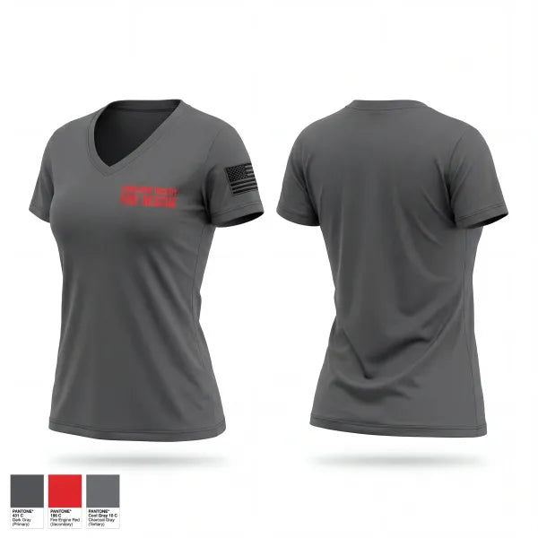Womens Short Sleeve Vneck Shirt, Longshop McCoy Fire Rescue, Fire Department, Teamtime, Team time, sublimation, custom sports apparel, team uniforms, spirit wear, spiritwear, sports uniforms, custom shirts, team store, custom team store, fundraiser sports, apparel fundraiser