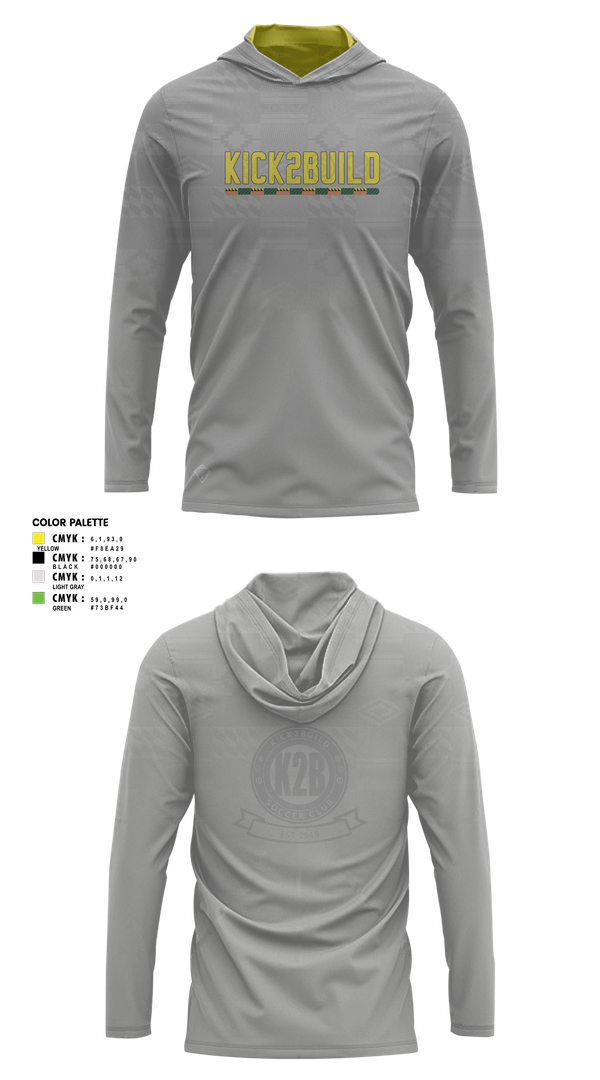 Long Sleeve Performance Shirt with hood, Kick 2 Build Soccer Club, Men's Soccer, Teamtime, Team time, sublimation, custom sports apparel, team uniforms, spirit wear, spiritwear, sports uniforms, custom shirts, team store, custom team store, fundraiser sports, apparel fundraiser