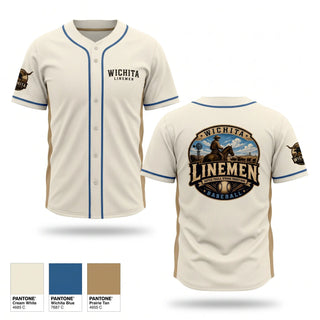 Full Button Baseball Jersey, Wichita Linemen, Baseball, Teamtime, Team time, sublimation, custom sports apparel, team uniforms, spirit wear, spiritwear, sports uniforms, custom shirts, team store, custom team store, fundraiser sports, apparel fundraiser