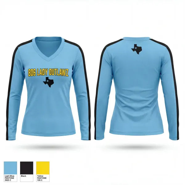 Womens Long Sleeve Vneck Shirt, 806 Lady Outlawz, Softball, Teamtime, Team time, sublimation, custom sports apparel, team uniforms, spirit wear, spiritwear, sports uniforms, custom shirts, team store, custom team store, fundraiser sports, apparel fundraiser