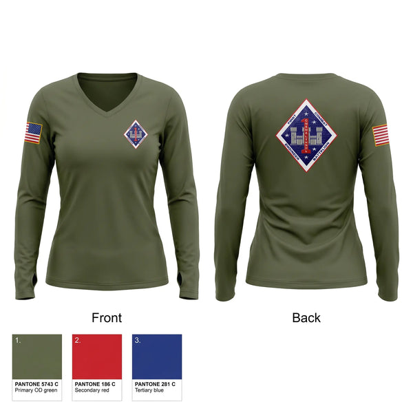 Womens Long Sleeve Vneck Shirt, 1st CEB, Marines, Teamtime, Team time, sublimation, custom sports apparel, team uniforms, spirit wear, spiritwear, sports uniforms, custom shirts, team store, custom team store, fundraiser sports, apparel fundraiser
