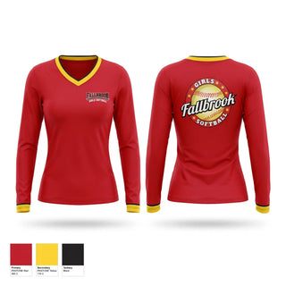 Womens Long Sleeve Vneck Shirt, Fallbrook girls softball, Softball, Teamtime, Team time, sublimation, custom sports apparel, team uniforms, spirit wear, spiritwear, sports uniforms, custom shirts, team store, custom team store, fundraiser sports, apparel fundraiser