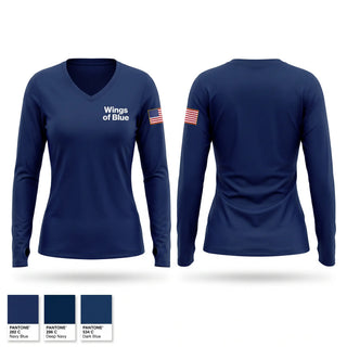 Womens Long Sleeve Vneck Shirt, Wings of Blue, Air Force, Teamtime, Team time, sublimation, custom sports apparel, team uniforms, spirit wear, spiritwear, sports uniforms, custom shirts, team store, custom team store, fundraiser sports, apparel fundraiser