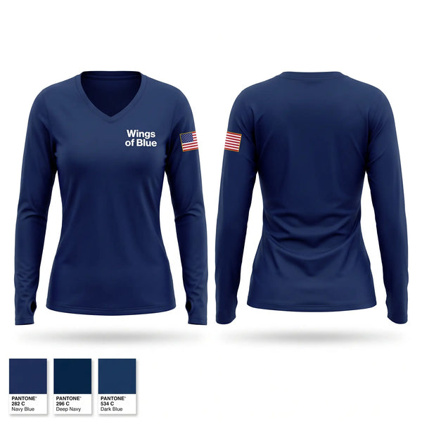 Womens Long Sleeve Vneck Shirt, Wings of Blue, Air Force, Teamtime, Team time, sublimation, custom sports apparel, team uniforms, spirit wear, spiritwear, sports uniforms, custom shirts, team store, custom team store, fundraiser sports, apparel fundraiser