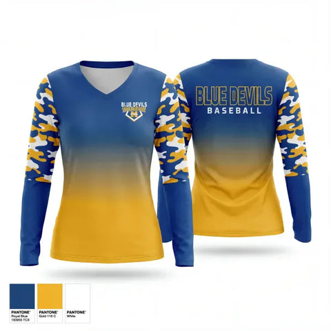Womens Long Sleeve Vneck Shirt, Mathews Blue Devils, Baseball, Teamtime, Team time, sublimation, custom sports apparel, team uniforms, spirit wear, spiritwear, sports uniforms, custom shirts, team store, custom team store, fundraiser sports, apparel fundraiser