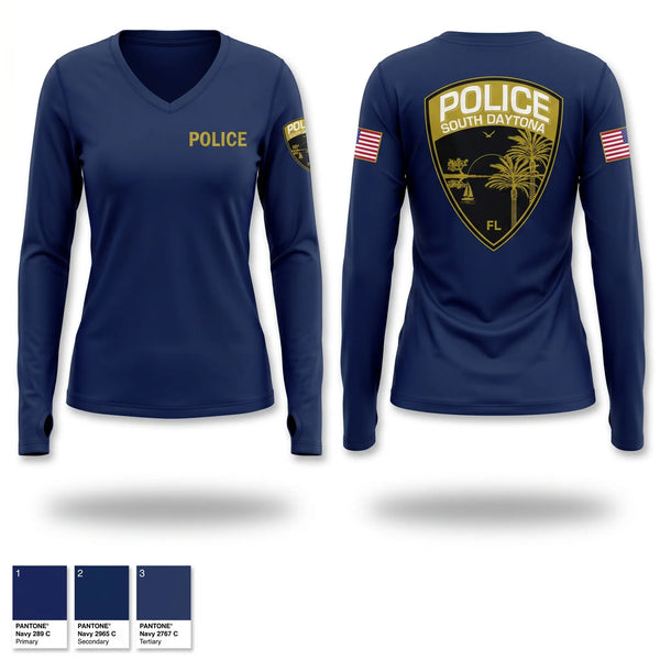 Womens Long Sleeve Vneck Shirt, City of South Daytona Public Safety, Police, Teamtime, Team time, sublimation, custom sports apparel, team uniforms, spirit wear, spiritwear, sports uniforms, custom shirts, team store, custom team store, fundraiser sports, apparel fundraiser