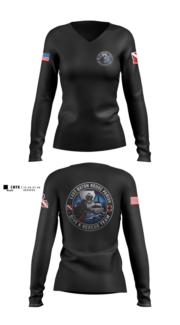 Womens Long Sleeve Vneck Shirt, East Baton Rouge Parish Dive & Rescue Team, Fire Department, Teamtime, Team time, sublimation, custom sports apparel, team uniforms, spirit wear, spiritwear, sports uniforms, custom shirts, team store, custom team store, fundraiser sports, apparel fundraiser
