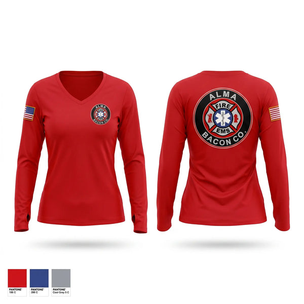 Womens Long Sleeve Vneck Shirt, BACON FIRE DEPARTMENT, Fire Department, Teamtime, Team time, sublimation, custom sports apparel, team uniforms, spirit wear, spiritwear, sports uniforms, custom shirts, team store, custom team store, fundraiser sports, apparel fundraiser