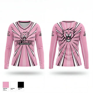 Womens Long Sleeve Vneck Shirt, DMV LIONESS, Cheer, Teamtime, Team time, sublimation, custom sports apparel, team uniforms, spirit wear, spiritwear, sports uniforms, custom shirts, team store, custom team store, fundraiser sports, apparel fundraiser
