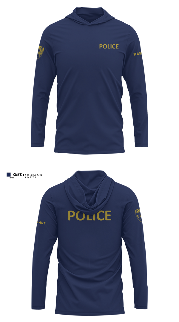 Long Sleeve Performance Shirt with hood, City of South Daytona Public Safety, Police, Teamtime, Team time, sublimation, custom sports apparel, team uniforms, spirit wear, spiritwear, sports uniforms, custom shirts, team store, custom team store, fundraiser sports, apparel fundraiser