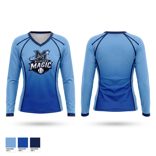 Womens Long Sleeve Vneck Shirt, Michiana Magic, Baseball, Teamtime, Team time, sublimation, custom sports apparel, team uniforms, spirit wear, spiritwear, sports uniforms, custom shirts, team store, custom team store, fundraiser sports, apparel fundraiser