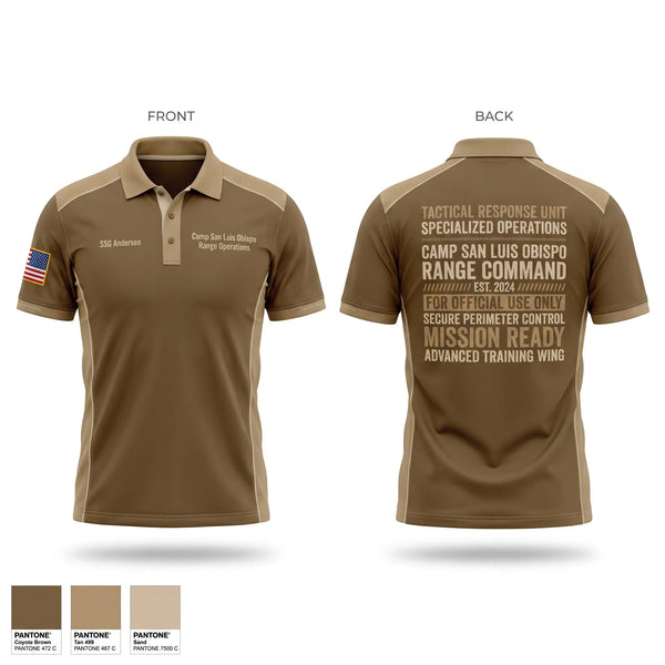 Short Sleeve Performance Polo, Camp San Luis Obispo Range Operations, Army, Teamtime, Team time, sublimation, custom sports apparel, team uniforms, spirit wear, spiritwear, sports uniforms, custom shirts, team store, custom team store, fundraiser sports, apparel fundraiser