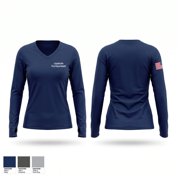 Womens Long Sleeve Vneck Shirt, Lloydsville Fire Department, Fire Department, Teamtime, Team time, sublimation, custom sports apparel, team uniforms, spirit wear, spiritwear, sports uniforms, custom shirts, team store, custom team store, fundraiser sports, apparel fundraiser