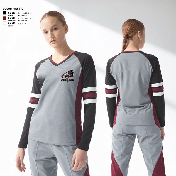 Womens Long Sleeve Vneck Shirt, Reed City Coyotes, Cheer, Teamtime, Team time, sublimation, custom sports apparel, team uniforms, spirit wear, spiritwear, sports uniforms, custom shirts, team store, custom team store, fundraiser sports, apparel fundraiser